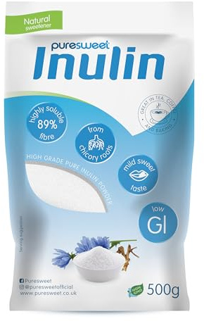 Inulin Prebiotic Fibre Powder 500g by Puresweet®, Chicory Root, Highly Soluble, Made in the EU, Fructo Oligosaccharide (FOS), Gluten Free, Vegan.
