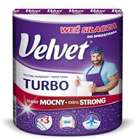 VELVET Turbo Rouleau de papier essuie-mains en cellulose, pour la maison, la cuisine, la salle de bain, le bureau, le nettoyage, 3 couches, efficace, absorbant, 340 feuilles, blanc