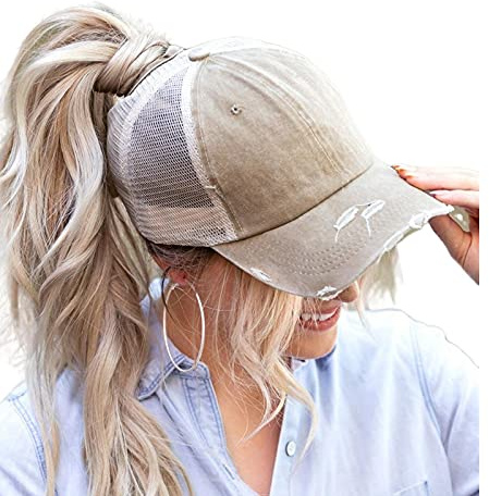 ProMindFun Womens Ponytail High Messy Bun Hats Distressed Baseball Caps Unconstructed Washed Dad Hat Girls Trucker Ponycaps (03-Light Khaki)