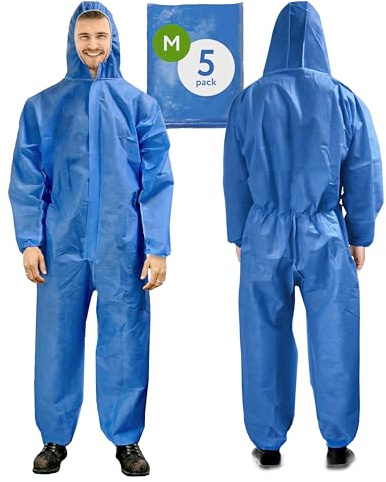 AMZ Medical Supply Blue Disposable Coveralls with Hood, Medium Size. Pack of 5 Hazmat Suits Disposable with Front Zip, Elastic Wrists & Ankles. 50 GSM SMS Painters Coveralls. Waterproof Paint Suit