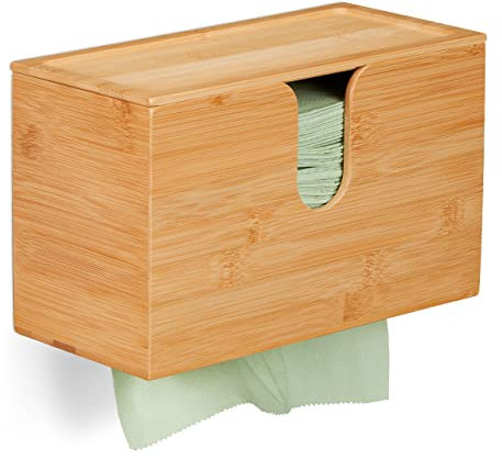 Relaxdays Dispensador Papel Secamanos con Tapa, Toallas Tamaño H2, Bambú, 17x27x13 cm, de Pared, Baño y Cocina, Natural