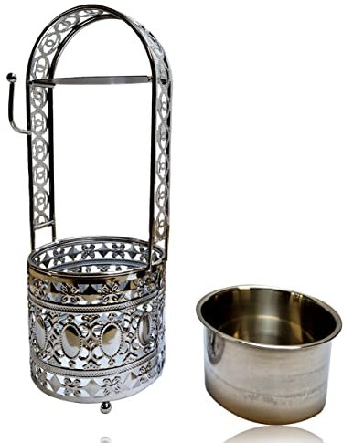 Bayli Shisha Kohlebehälter | Gesamthöhe - 32 cm - Kohlekorb für die Shisha, Wasserpfeife Kohle | Grillkohlekorb mit Zangenhalter | Charcoal Basket - Silber | Kohlezubehör für Shishas & Wasserpfeifen M