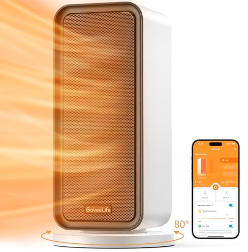 GoveeLife Intelligente Elektrisch Heizlüfter für große Räume, 80°Oszillation,1500W Energiesparender Heizlüfter, Thermostat Keramik Heizung, App & Sprachsteuerung, 3xHeizstufen, Schlafzimmer Büro, Weiß