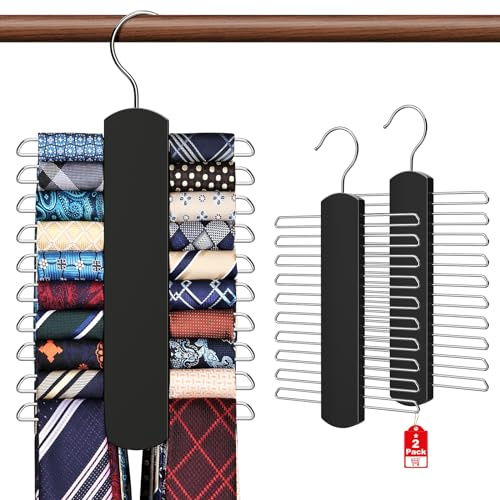 2 Pack Tie Rack for Closet, Premium Wooden Necktie Organizer Storage Tie/Belt Hanger, 360 Degree Swivel Space Saving Ties Holder for Men Hanging 40 Ties Black