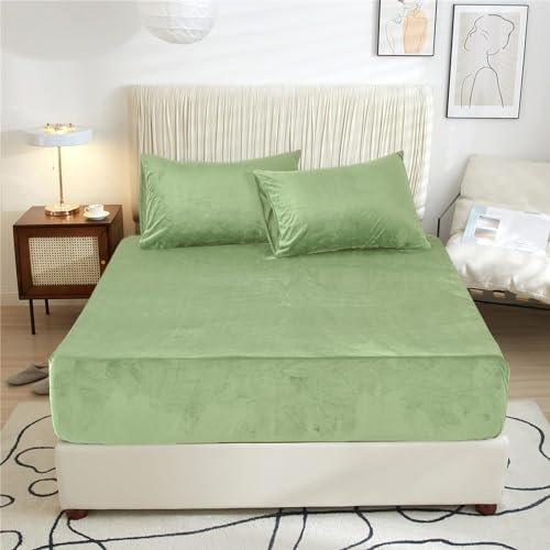 Plüsch Spannbettlaken 180x200 Hellgrün Grün Plüsch Warme Kuschelige Spannbettlaken Bettlaken Boxspringbett Frottee Samt Uni Bettspanntuch für 180 x 200 Hohe Matratze Hoher Steg bis 25-30 cm