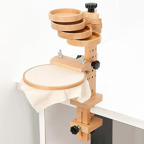 Imtrub Support pour Croix, Rotation à 360 degrés, Support Broderie pour Table avec 4 Plateaux, Support Broderie, Cadre à Broder en Bois Naturel (N'inclut Pas Le Cercle à Broder)