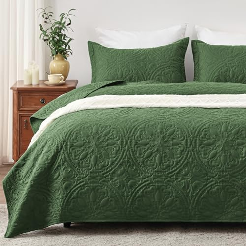 EXQ Home Quilt Set Full Queen Size Olive Green 3 Piece,Lightweight Soft Coverlet Mandala Flower Pattern Bedspread Set for All Season(1 Quilt,2 Pillow Shams)