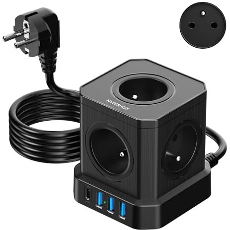 NVEESHOX Cube Multiprise (16A/4000W) 5 Prises françaises avec 3 Ports USB et 1 Port Type-C, Bloc Multiprise Parafoudre et Surtension avec Interrupteur, Câble 2Mpour Maison Bureau,Voyage (Noir)