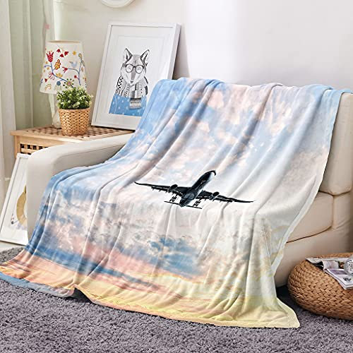 EHOMERY Manta Playa Grande Colcha Patchwork Mantas Infantiles Colcha Infantil Avión Paisaje Manta De Acogida Mantas Decorativas Suaves Y Cómodas Azul 240x180cm