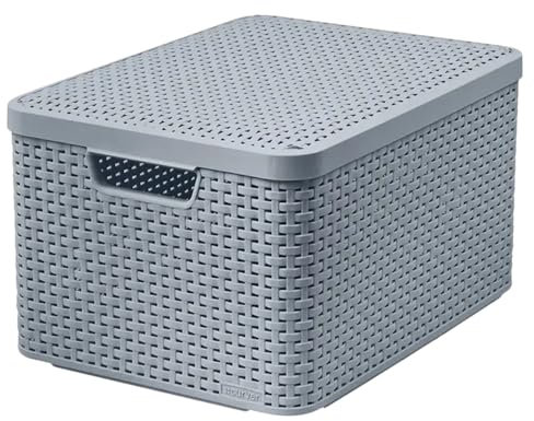 Curver Rattan Style Aufbewahrungsbox mit Deckel, Aufbewahrungskorb, Kunststoff, Aus Recyclingmaterial in mindestens 70% (Hellgrau, L: 44,5 x 33 x 24,8 cm)