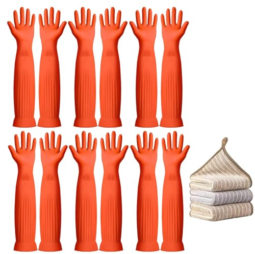 Vsootal 17.8 6 Pairs Reusable Long Household Cleaning Gloves,Rubber Kitchen Dishwashing Gloves,Thickening,Long Sleeves, for Washing Dishes, Pet Care,Bathroom,Laundry(Size L)
