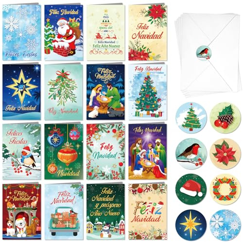 DPKOW 16 Navidad Tarjetas con Sobres Pegatinas, Español Tarjetas Navideñas Feliz Navidad Tarjetas de Felicitación Nacimiento Belén Navidad Postales Tarjetas Reyes Magos, Felicitaciones Navideñas