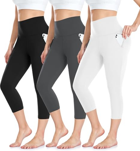 ACTINPUT 3/4 Leggins Capri Donna Vita Alta Leggings con Tasche Fitness Sportivi Corti Pantaloncini Yoga Controllo della Pancia Opaco Elastici Morbido Pantaloni(Nero/Grigio/Bianco,L-XL)