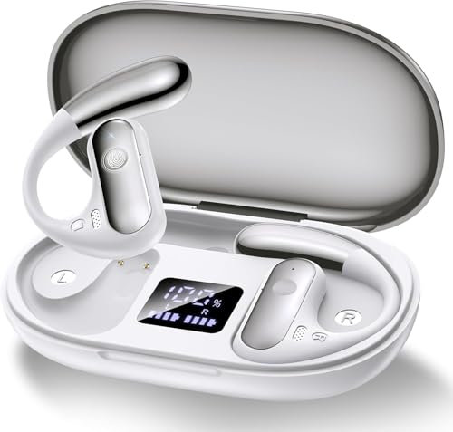 EUQQ Écouteurs de sport Bluetooth blanc-avec technologie Bluetooth 5.4, design ouvert, écouteurs à conduction osseuse, jusqu'à 50 heures de lecture, parfaits pour le sport, la course et les activités