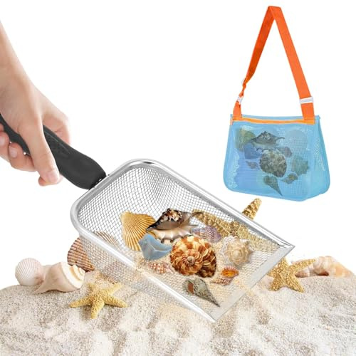 GIUSOBG Jouet de Plage Enfants Filtre à Sable pour Enfants Orange Sac Plage | avec Sac de Plage en Maille Pelle à Sable en Métal Ramasser Les Coquillages, pour Garçons et Filles Jouet de Plage (Noir)