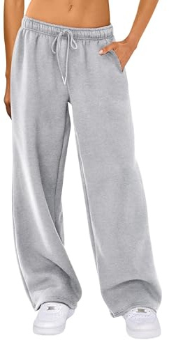 Kouoybt Women's Wide Leg Sweatpants Casual Solid Color Joggers Sweatpants Trendy Drawstring Baggy Long Pants High Waisted Casual Trousers (A-Gray, S)