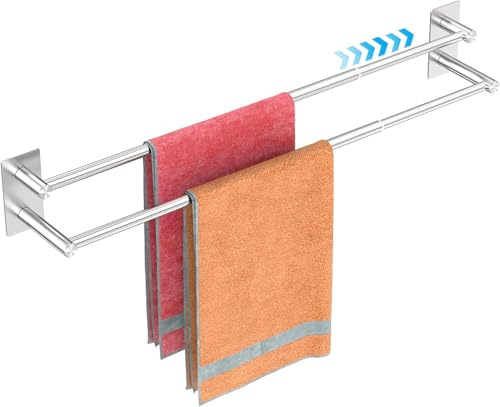 Toallero Sin Taladrar, Doble Toalleros Ajustables para Baño de 40 a 75 cm, Toallero Autoadhesivo, Montaje en Pared Acero Inoxidable 304 Cepillado, Toallero para Baño, Ducha, Cocina - Plateado