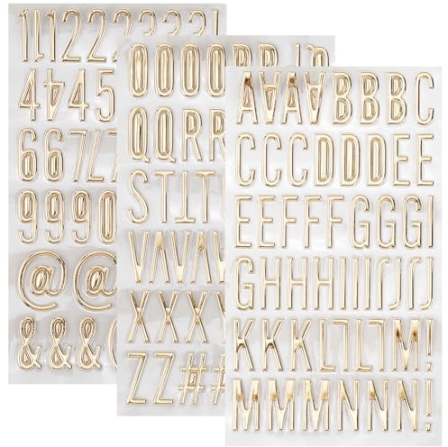 SOFPLATE 3 hoja de Pegatinas de Números 3D con Letras Doradas de 7.1 x 3.9 pulgadas En Relieve Impermeables de PVC para Estampar Letras Hermosas Calcomanías Decorativas Autoadhesivas para Álbumes de R