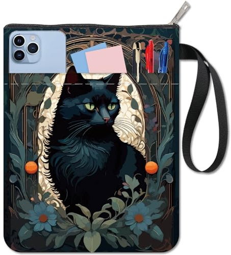 craspire Fermeture éclair Livre Pochette Chat Noir Livre Manche Fleur Motif Double Face Tissu Lavable Cahier Wrap Couverture avec Poche pour Sac de Protection De Manuels Étudiants Bibliothécaire
