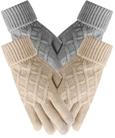 Gants À Écran Tactile, Gants De Travail D'hiver Thermique Tactile, Tissu Extensible Tricoté, Adapté Au Cyclisme, Au Vélo, À La Conduite, Unisexe Pour Hommes Et Femmes, 2 Paires (Gris/Beige)