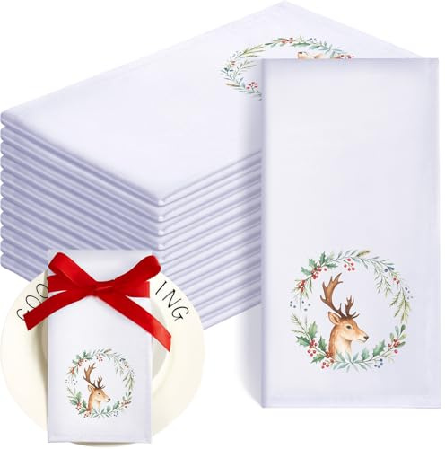 Panelee 12 Pcs Christmas Cloth Napkins 17 x 17 Inches Soft Comfortable Satin Cloth Napkin Reusable Table Napkin for Home, Restaurants, Parties(Garland Deer)
