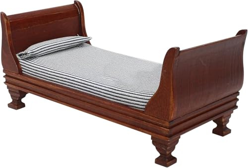 1:12 Scale Doll House Miniature Single Bed with Bedding Fabric & Pillow, Wooden Vintage Victorian European Style Bedroom Furniture Decor Christmas Accessories, Mini Sleigh Bed for 6 Inch Dolls