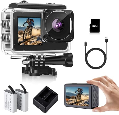 fceoul Action Cam 1080P FHD 16MP, Actionkamera mit Dual Screen 2 & 1.3, Wasserdicht 40M Unterwasserkamera für Vlog & Sport, inkl. 32GB SD-Karte, 2X 1050mAh Akkus & Zubehör(Schwarz)