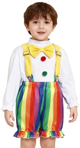Fldy Toddler Infant Circus Costume Juggling Clown Cosplay Jumpsuits Halloween Carnival Cosplay Costume Rainbow Stripe 18-24 Months