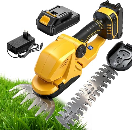 KingSom Tijeras Cortasetos y Arreglasetos 2 en 1, Corta Setos Jardin Electrico 21 V con Batería y Cargador, Pantalla Batería, Cortacetos Electrico, 2 Cuchillas - 23cm para Arbustos, 13.5cm para Césped