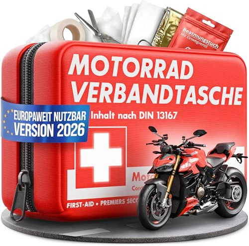 HELDENWERK® Första hjälpen motorcykel enligt aktuell standard 2026 inkl. andningsduk – första hjälpen – förbandsväska/första hjälpen – (StVO kompatibel) DIN 13167 – Mini First Aid Kit