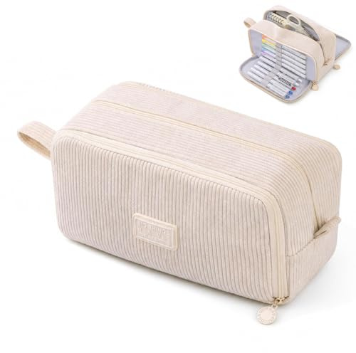 WOKICOR Federmäppchen aus Cord-Stoff, Federtasche Mäppchen mit 3 Fächer, Mäppchen Teenager Unisex Federmappe Große Kapazität Geeignet für den Einsatz in Schulen und Büros (Beige)