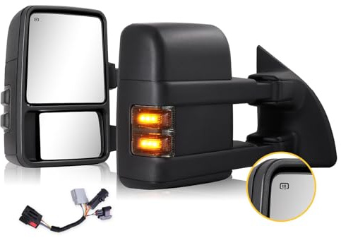 Towing Mirrors for 1999-2016 Ford F250 F350 F450 F550 Super Duty, 2000-2005 Ford Excursion with Power Glass Heated Function Turn Signal Light Running Light Pair Set with Adapter (Smoke lens)