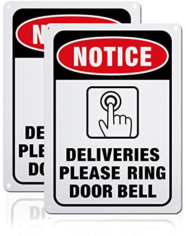GLOBLELAND 2 Pack Delivery Notice of Package Doorbell Sign, 7x10 inches 40 Mil Aluminum Ring Doorbell Notice Caution Sign for Home or Business, Reflective UV Protected, Waterproof, Fade Resistant