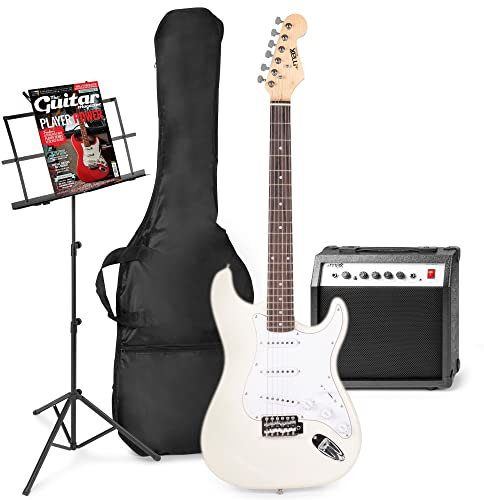 MAX GigKit E-Gitarre Set - Gitarrenverstärker 40 Watt, Electric Guitar, Notenständer, Gitarrentasche, Stimmgerät, Instrumentenkabel, Gitarrengurt und Zubehör - Weiß
