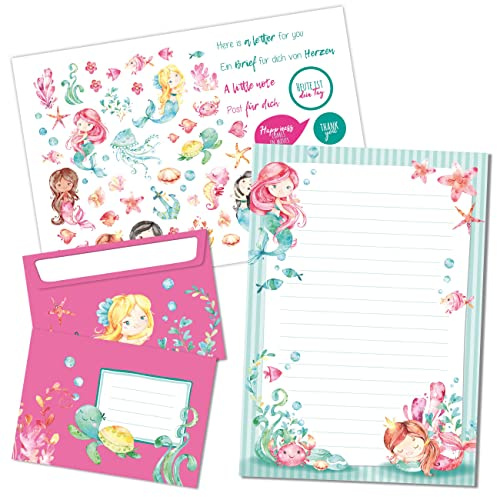 Set de papel para cartas Papierdrachen - 50 hojas de papel con estampados coloridos - Papel para cartas con hoja de pegatinas - 20 sobres estampados - Idea de regalo para niños - Sirena