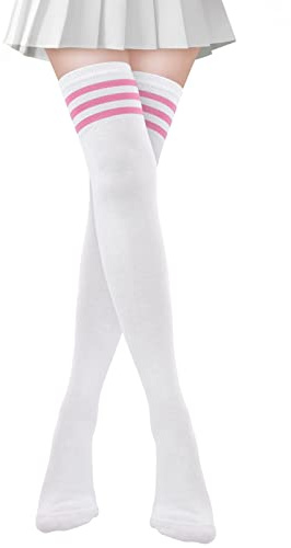 SATINIOR Over Knee Thigh High Socks White Pink Striped Boot Socks 3 Striped Thigh High Socks Womens Tube Socks Warm Cosplay Stockings for Girls