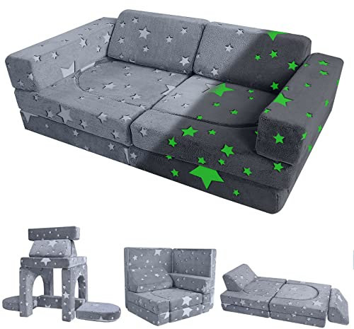 MeMoreCool 10-teiliges Kinder-Couch-Sofa, modulare Kleinkind-Couch, leuchtendes Schlafsofa für Spielzimmer, Schlafzimmer, ausklappbare Spielcouch für Mädchen und Jungen, Kinder-Cabrio Sofa,