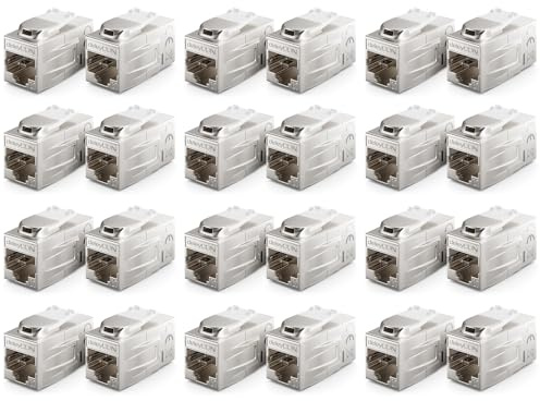 deleyCON 24 Stycke CAT 7 Koppling Keystone Metall 2x RJ45-uttag Kontakt för RJ45 Patchkabel 600 MHz 10 Gbps LAN DSL Ethernet och Användbar som Keystone Silver