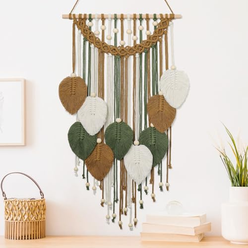 Weldomcor Macrame Wall Hanging Boho Leaf Woven Tapestry, Bohemian Chic Home Decor Modern Handmade Leaves Feather Wall Art Decorations for Bedroom Living Room Apartment Ornament 16.5 W X 31.5 L