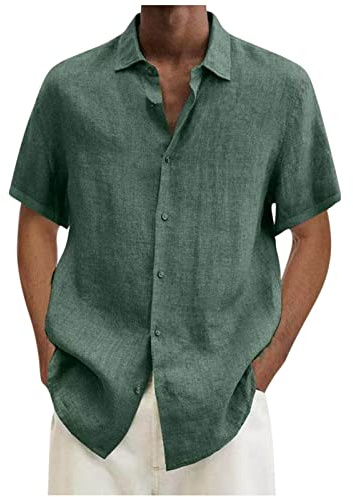 Chemise en lin à manches courtes pour homme - Chemise d'été en coton et lin - Manches courtes - Légères - Couleur unie - Chemise d'été confortable - Coupe droite - Chemise de loisirs