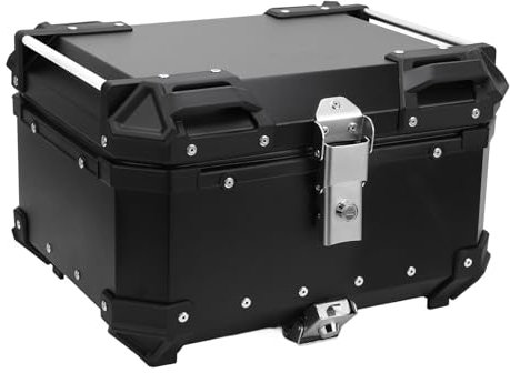 aqxreight Top Case de Moto 55 L, Coffre en Aluminium avec Dossier et Matériel de Montage, Coffre Arrière de Moto Universel pour Bagages de Casque, Noir, Système de Dégagement Rapide,