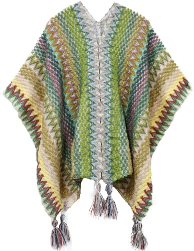 Miaikvs Women's Colorful Stripe Vintage Ethnic Style Poncho Women's Shawl Coat Knit Shawl Wrap Open Front Cardigans for Women(Green Bean 1)