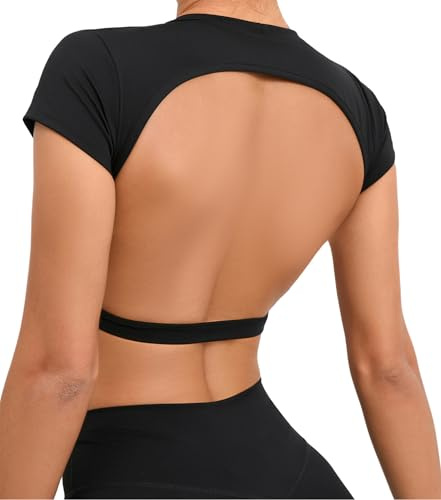 SEAUR Gym topp damer rygglös vadderad crop topp tajt sport löpartröja yoga fitness kortärmad t-shirt magfri sportskjorta rund hals mjuk S-L, svart, S