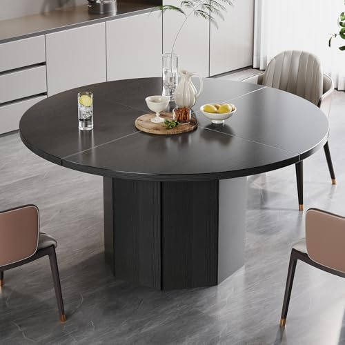 HSH Black Round Dining Table, Modern Dinner Table only for 4-6 People, Modern Circle Kitchen Table for Home Living Room, Wood and Metal Dining Room Desk with Octagon Base, Black Oak, 120 cm