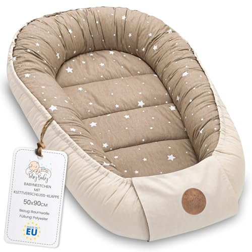 Babynest babynestchen neugeborene mit tragegriff 90 x 50 cm baby nestchen tragbar nest für bett kinder kuschelnest coccon für Jungen und Mädchen Beige mit Weiß Sternen