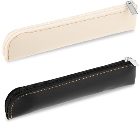 GEEHUA 2 Pcs PU Leather Slim Pencil Case, Portable Pencil Pouch | Small Zipper Pen Bag Stationery Pouch Case for Students Stationery Pens Pencils Markers(Black+beige)