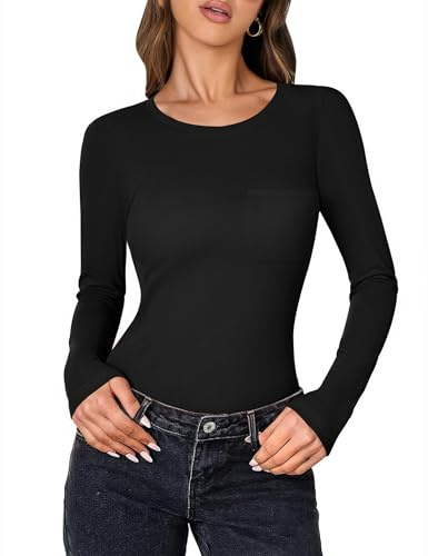 Aottori Maglia Donna Manica Lunga Cotone Maglietta Girocollo con Tasca Basic Top Elegante Tinta Unita T-Shirt Slim Fit vestibilità Classica Nero M