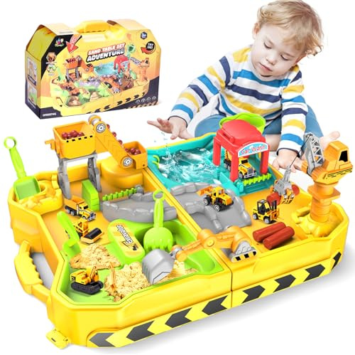 RISUNTOY Construction Sand Kit with Foldable Sandbox Case - 1.1lbs Sensory Play Sand, 4 Alloy Trucks & Molds - Mess-Free Travel Beach Toys for Toddlers 3-5, Portable Dry-Wet Separation Design