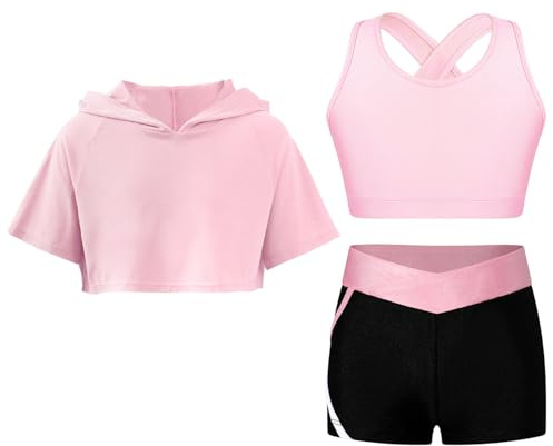 Lpdshaa Completo Sportivo da Allenamento Bambina 3 Pezzi Tuta Ginnastica Artistica Danza Hip Hop Hoodie Felpa con Cappuccio + Reggiseno Sportivo + Pantaloncini Sportwear A Rosa 11-12 anni