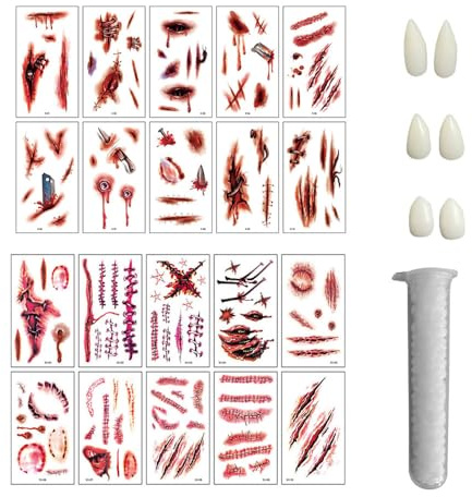 XFSRG Halloween skräck omvandlingsset tatueringar halloween tatuering ansikte med 3 storlekar vampyrtänder inklusive tandgel 5 g sminkset för fest cosplay showeffekter